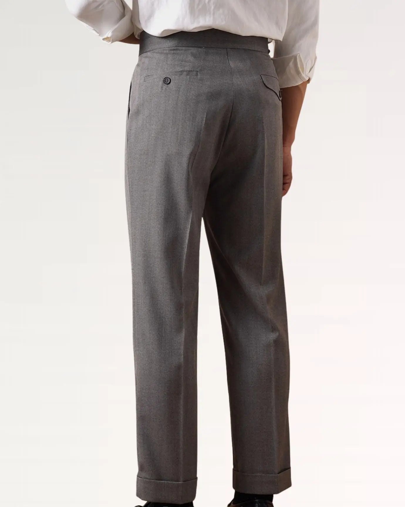 Business Grey Trousers Herringbone shown in a lifestyle setting, full length view