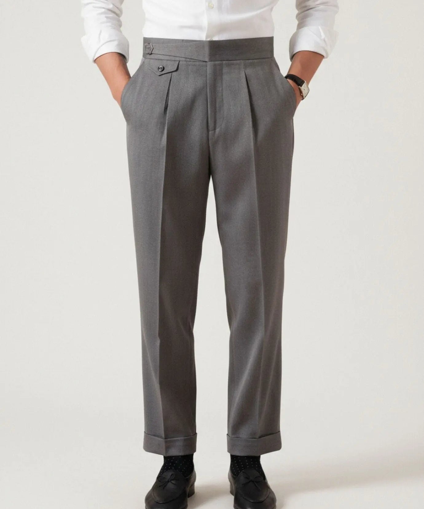 Business Grey Trousers Herringbone shown in a lifestyle setting
