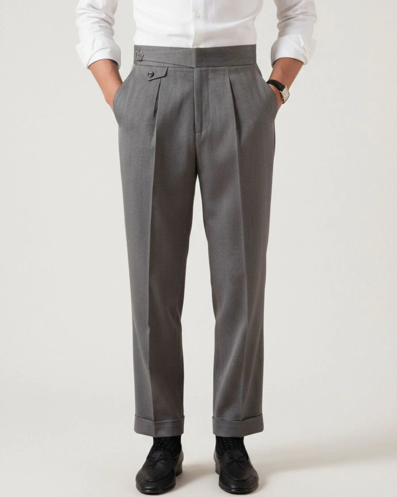 Business Grey Trousers Herringbone shown in a lifestyle setting