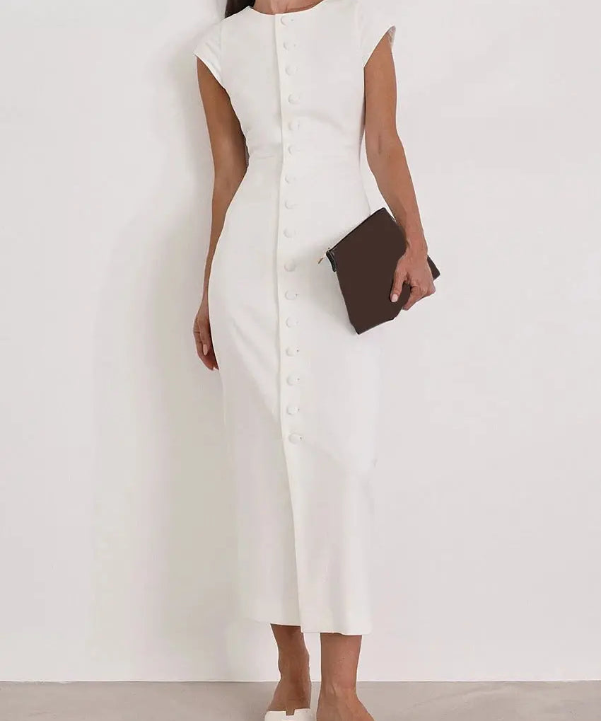 White Button Belle Dress shown in a lifestyle setting
