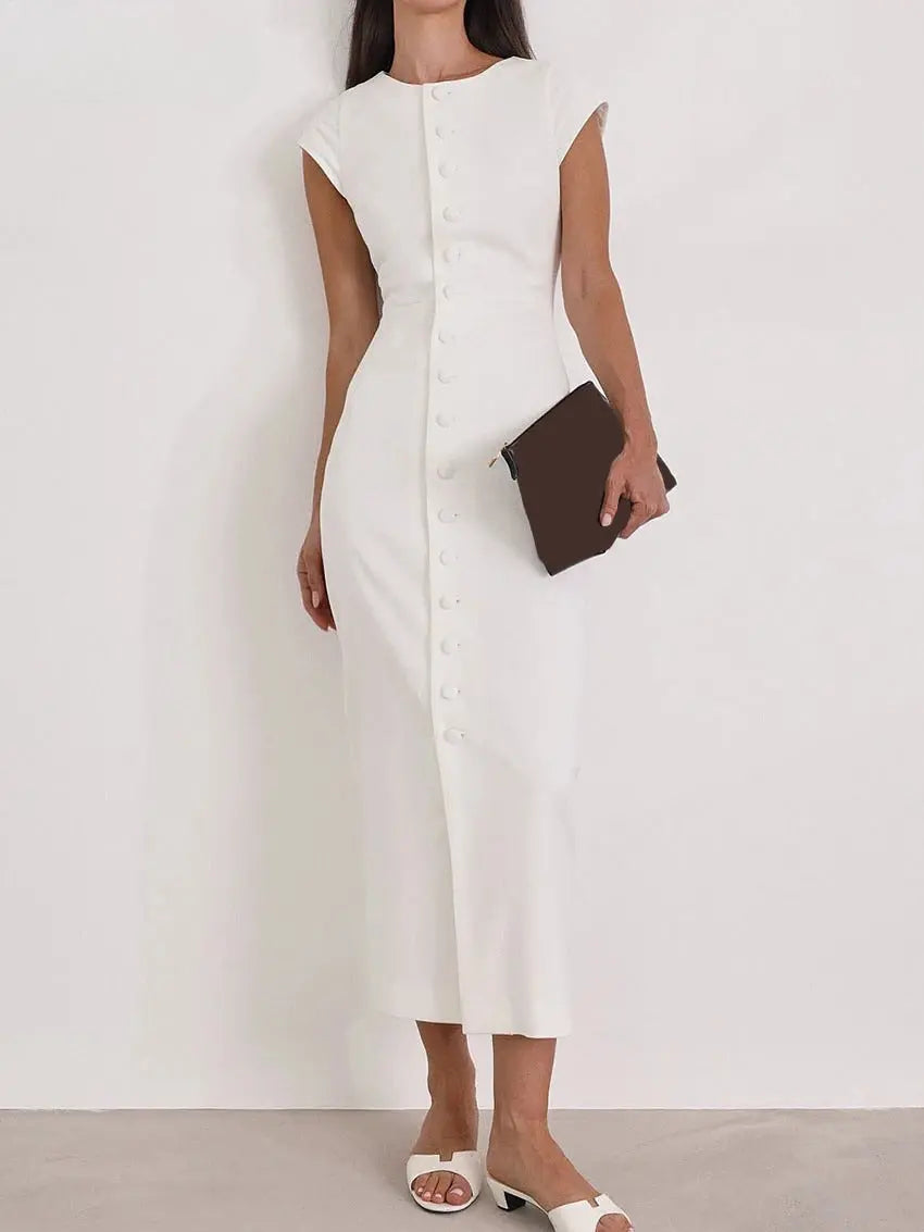 White Button Belle Dress shown in a lifestyle setting