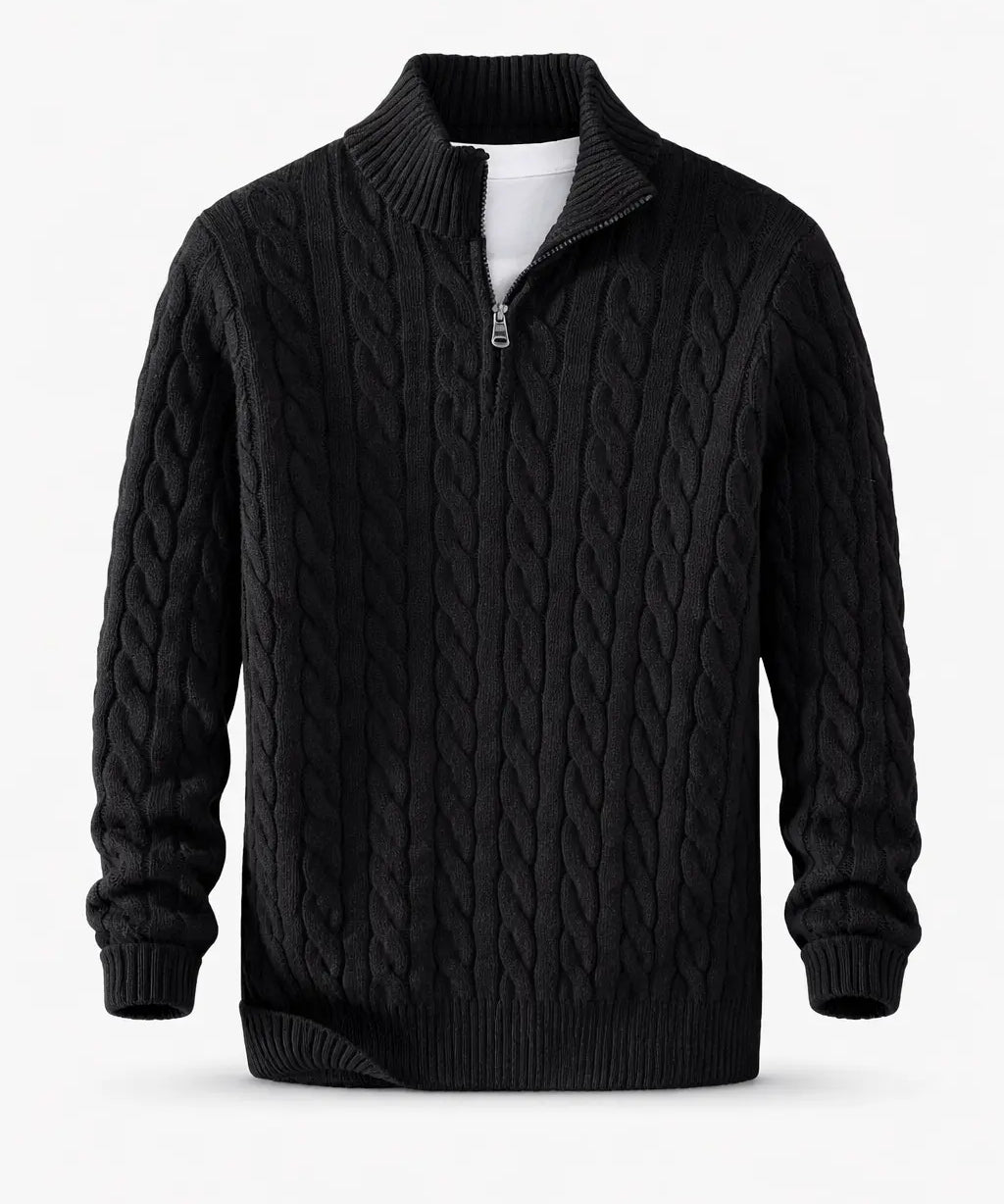 Back view of Black Cable Knit Half-Zip Sweater