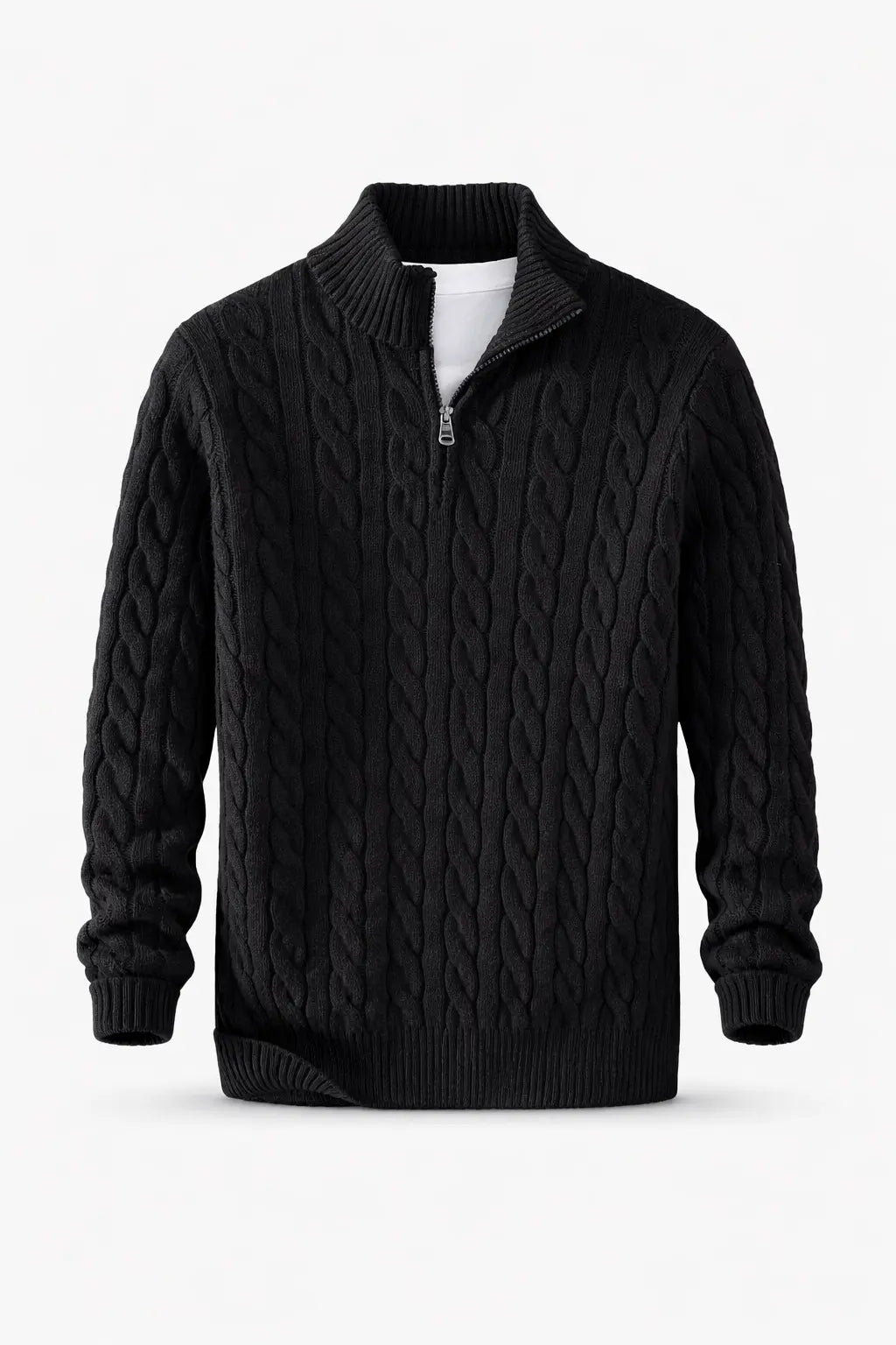 Back view of Black Cable Knit Half-Zip Sweater
