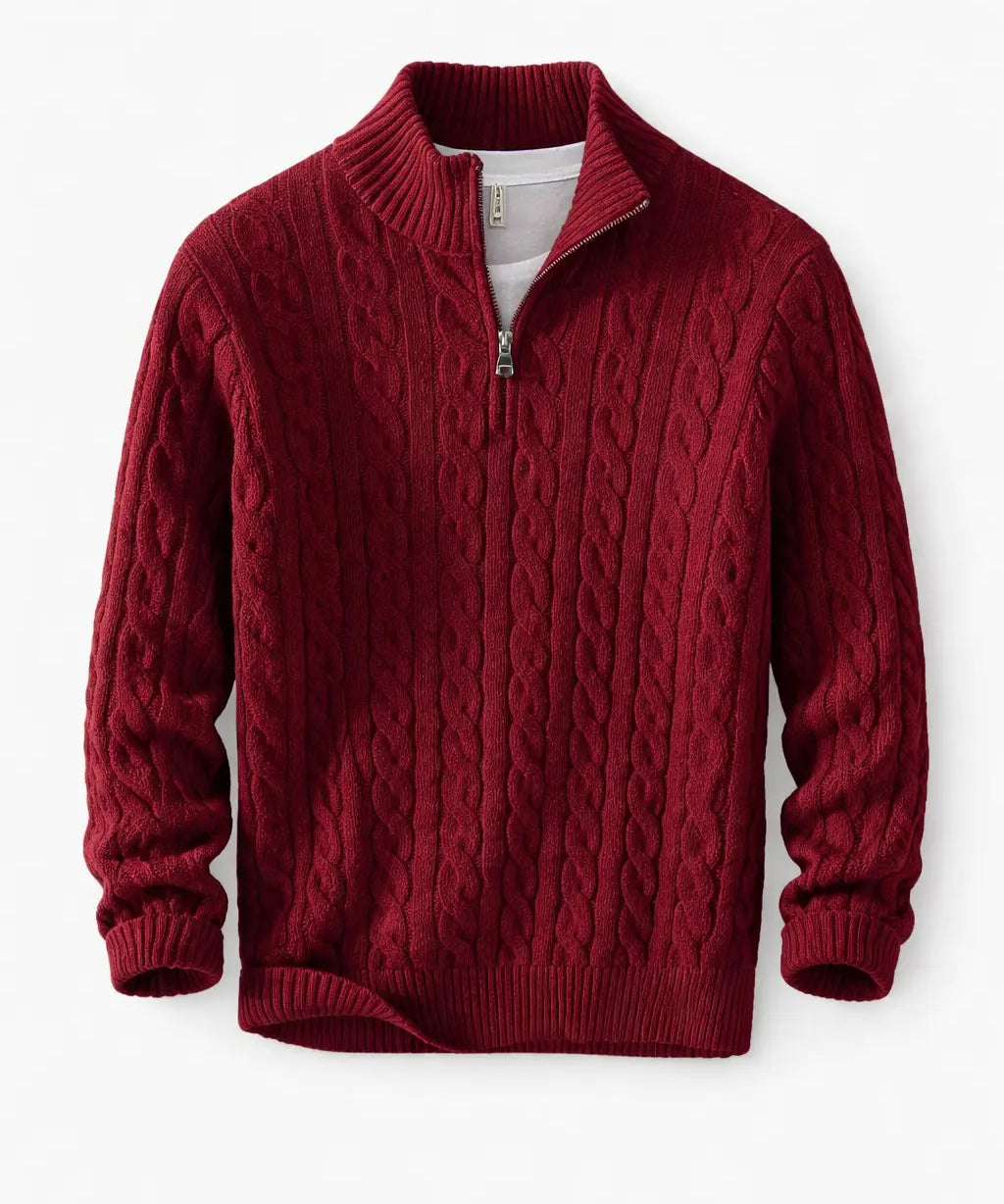 Back view of Burgundy Cable Knit Half-Zip Sweater