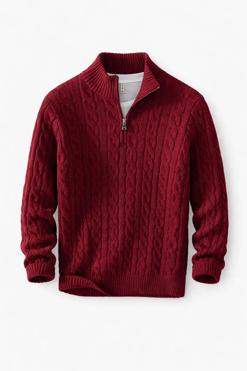 Back view of Burgundy Cable Knit Half-Zip Sweater
