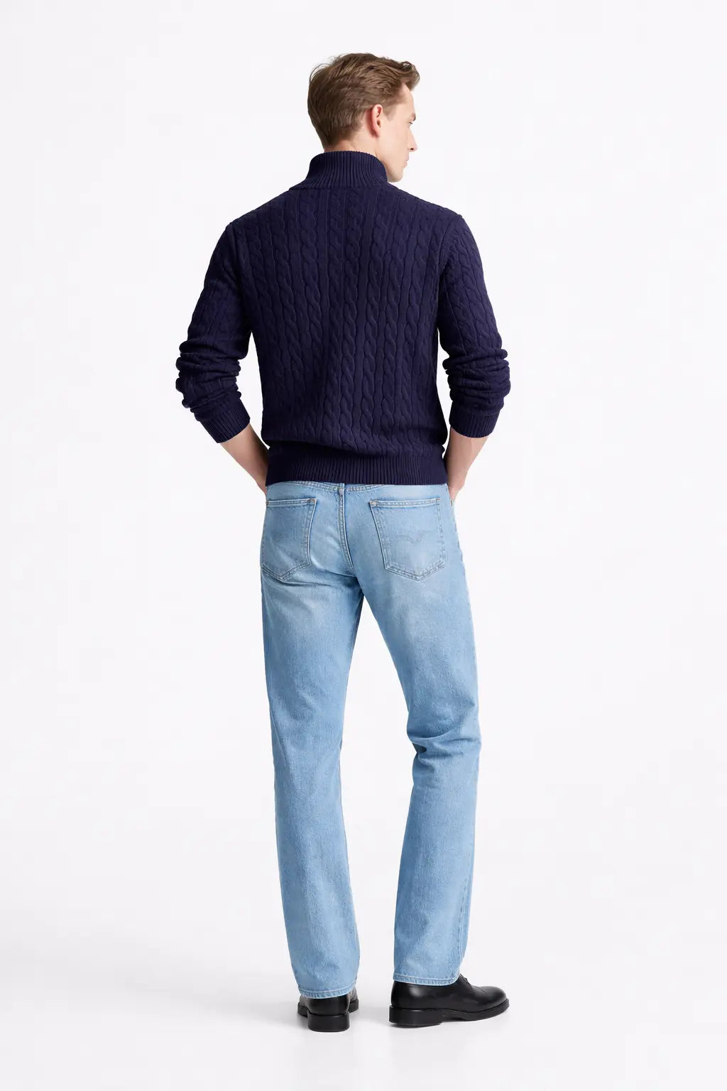 Back view of Cable Knit Half-Zip Sweater