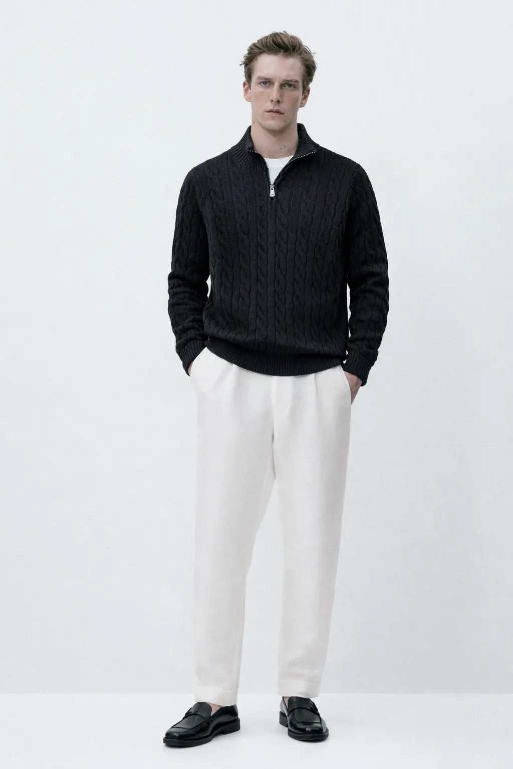 Front view of Cable Knit Half-Zip Sweater, alternate view