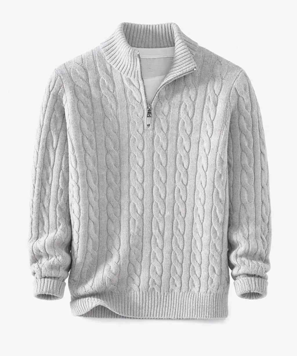 Front view of Grey Cable Knit Half-Zip Sweater
