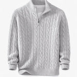 Front view of Grey Cable Knit Half-Zip Sweater