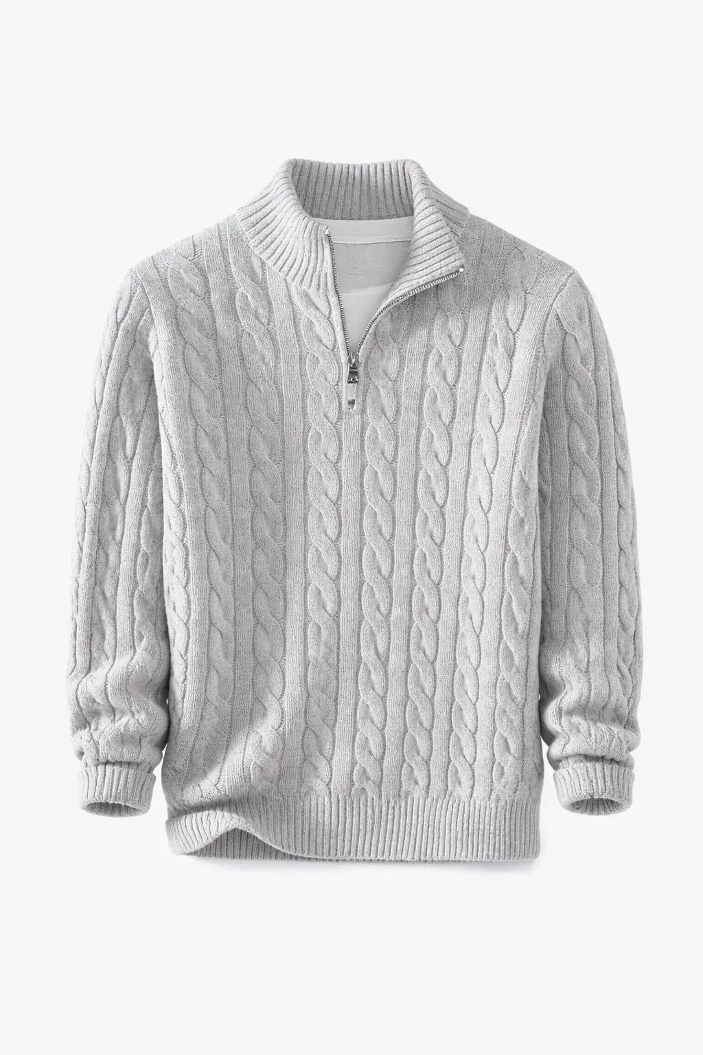 Front view of Grey Cable Knit Half-Zip Sweater