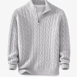 Front view of Grey Cable Knit Half-Zip Sweater