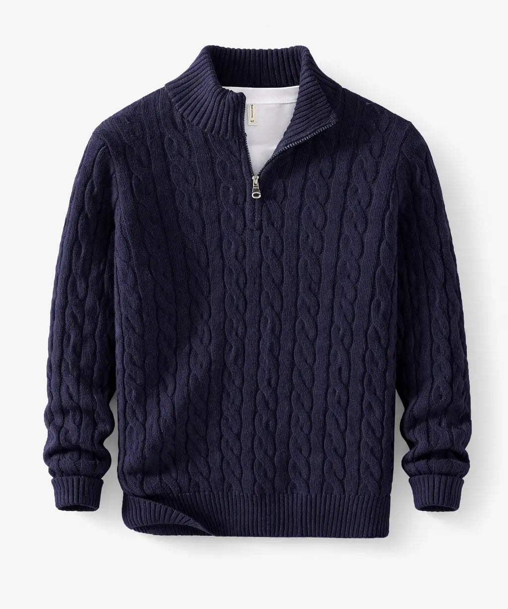 Front view of Navy Blue Cable Knit Half-Zip Sweater
