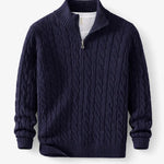 Front view of Navy Blue Cable Knit Half-Zip Sweater