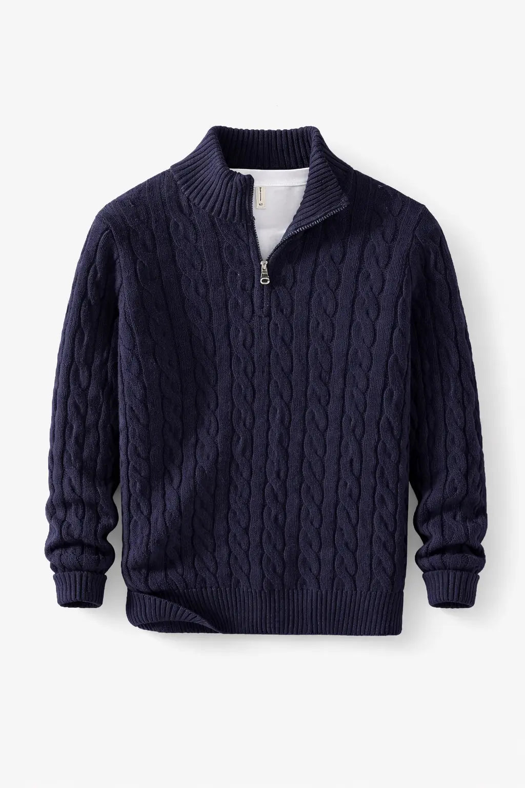 Front view of Navy Blue Cable Knit Half-Zip Sweater