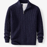 Front view of Navy Blue Cable Knit Half-Zip Sweater
