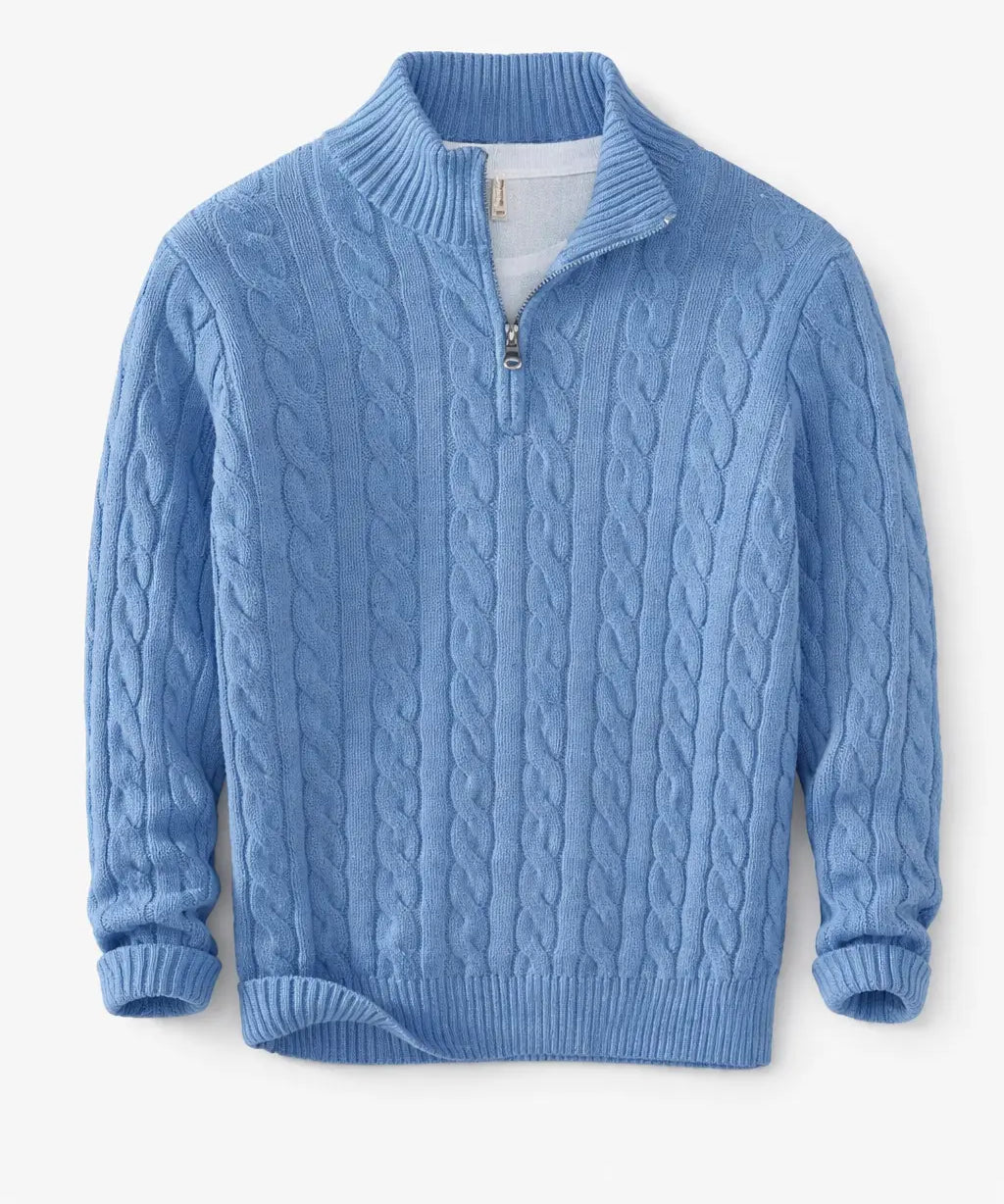 Front view of Ocean Blue Cable Knit Half-Zip Sweater