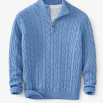 Front view of Ocean Blue Cable Knit Half-Zip Sweater