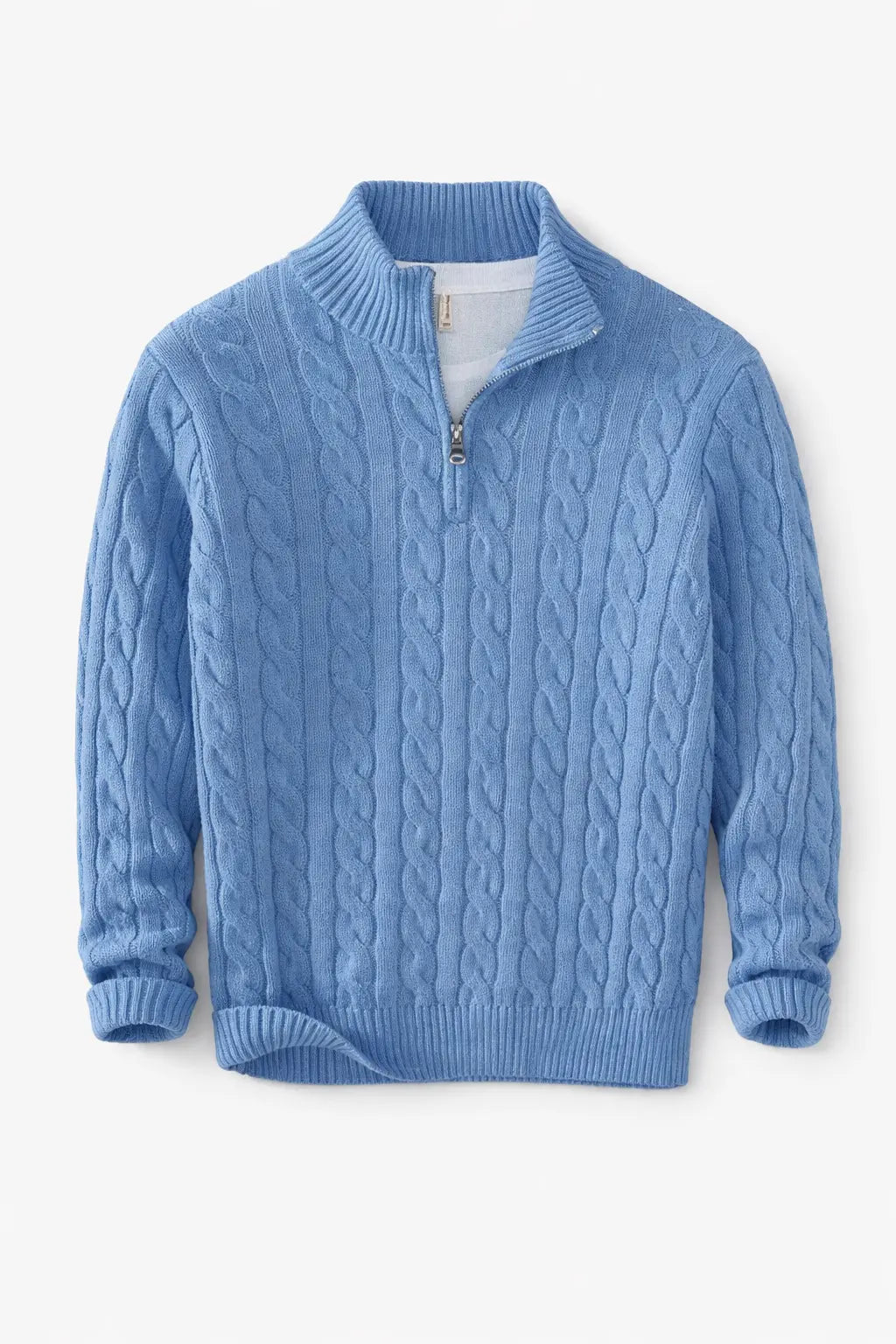 Front view of Ocean Blue Cable Knit Half-Zip Sweater