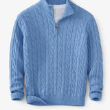 Front view of Ocean Blue Cable Knit Half-Zip Sweater