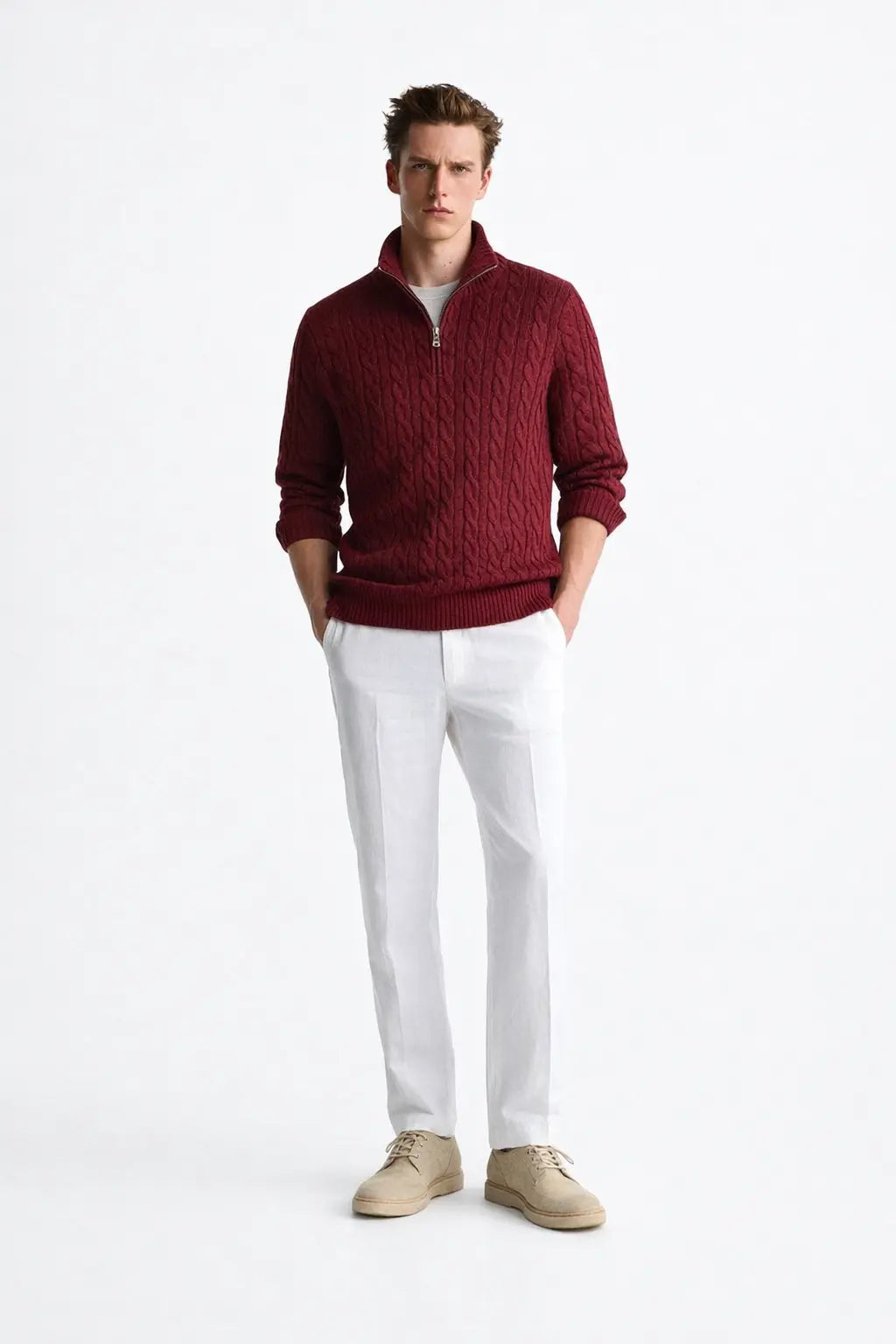 Front view of Cable Knit Half-Zip Sweater