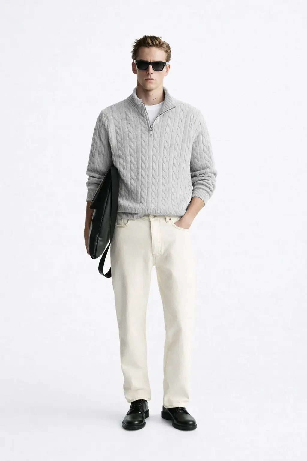 Cable Knit Half-Zip Sweater shown in a lifestyle setting, alternate view