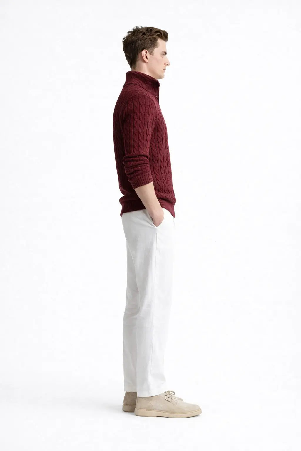Cable Knit Half-Zip Sweater shown in a lifestyle setting, cropped view