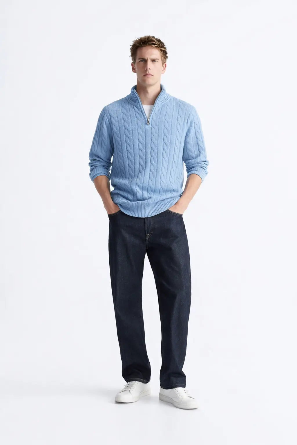 Cable Knit Half-Zip Sweater shown in a lifestyle setting, full length view