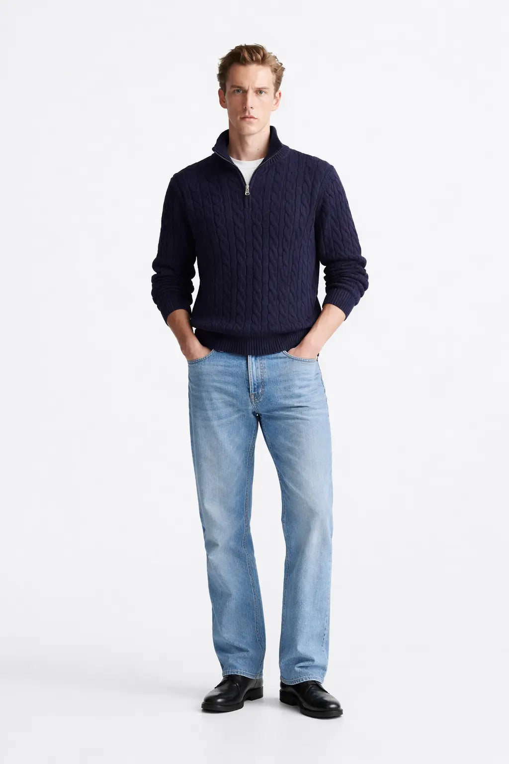 Cable Knit Half-Zip Sweater shown in a lifestyle setting