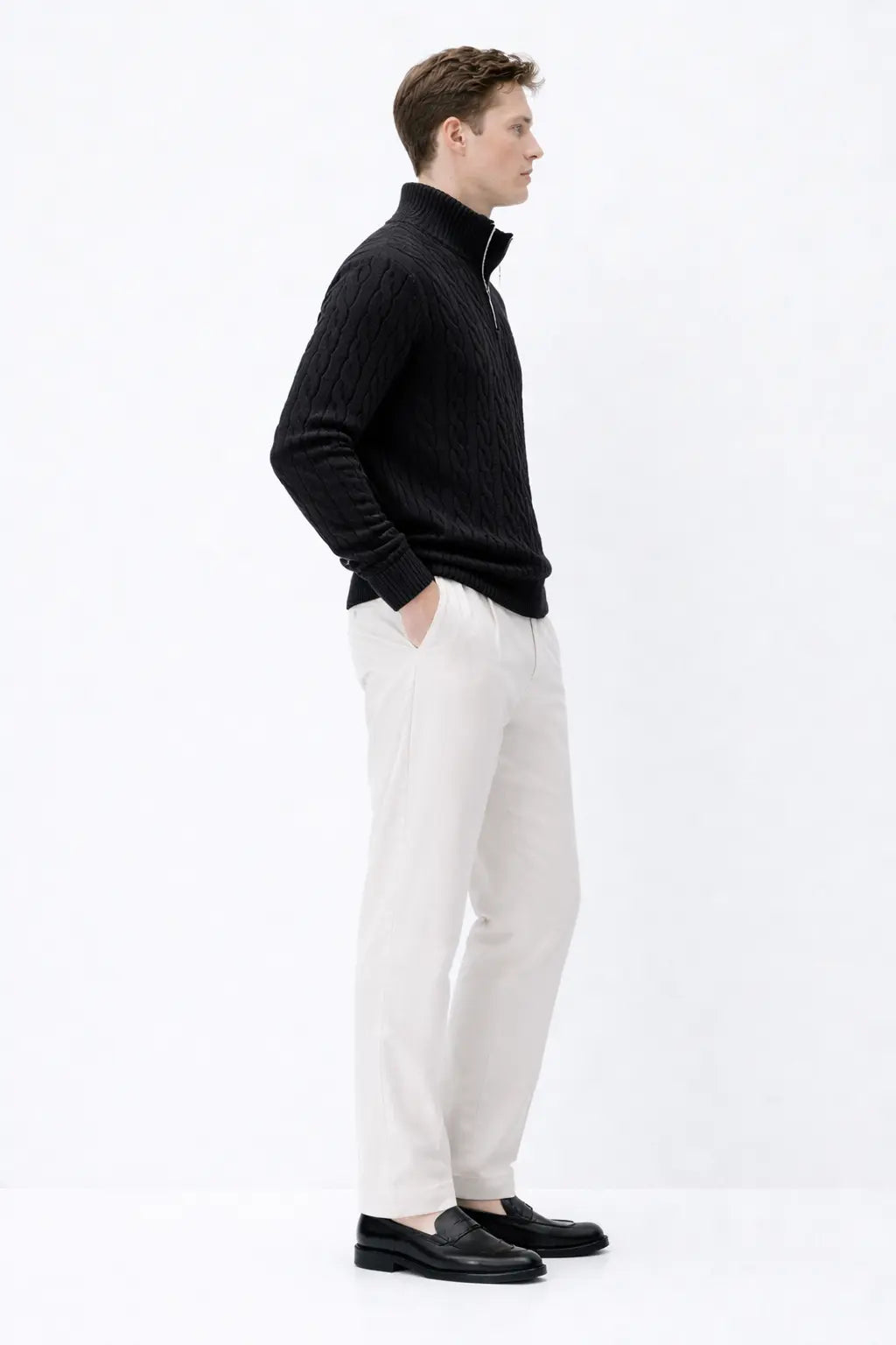 Side view of Cable Knit Half-Zip Sweater, alternate angle