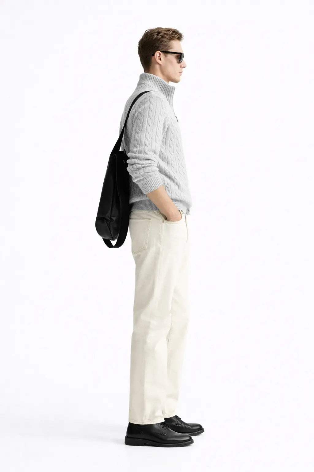 Side view of Cable Knit Half-Zip Sweater, alternate view