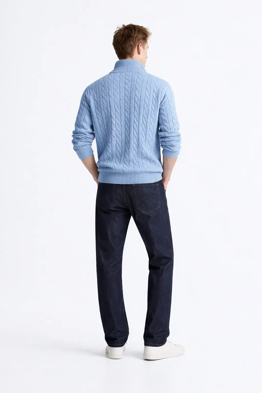 Side view of Cable Knit Half-Zip Sweater, opposite side