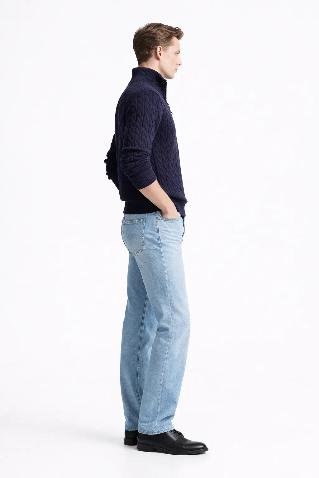 Side view of Cable Knit Half-Zip Sweater