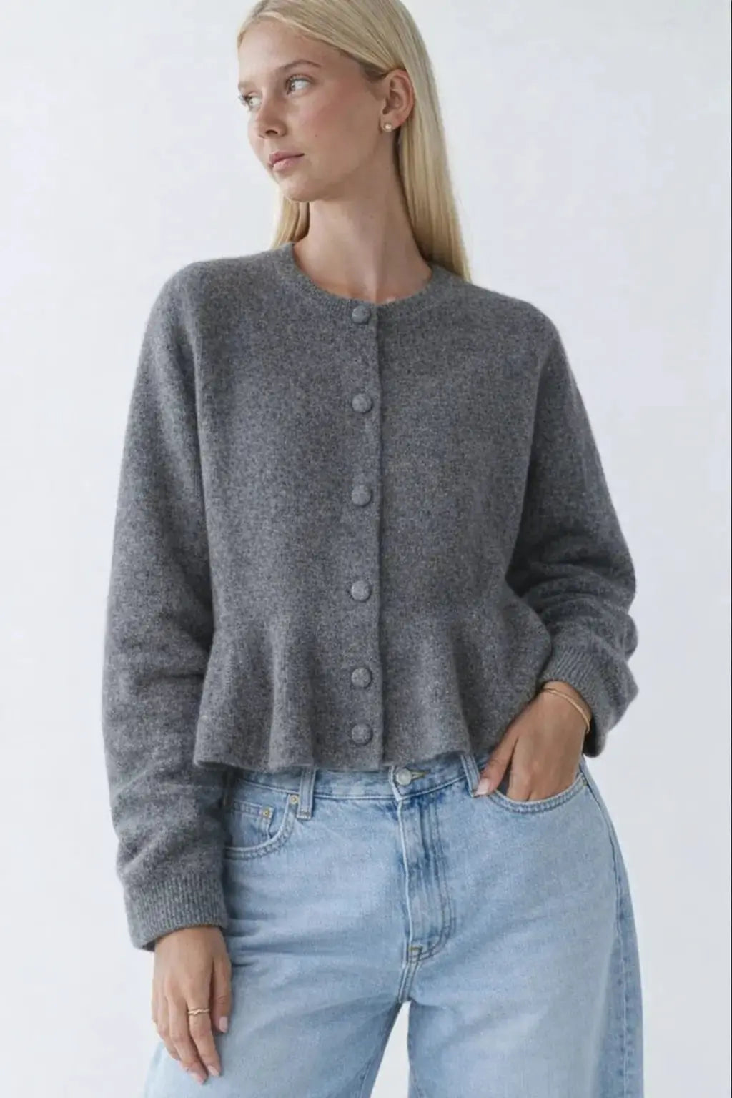 Camille Volant Cardigan shown in a lifestyle setting, alternate view