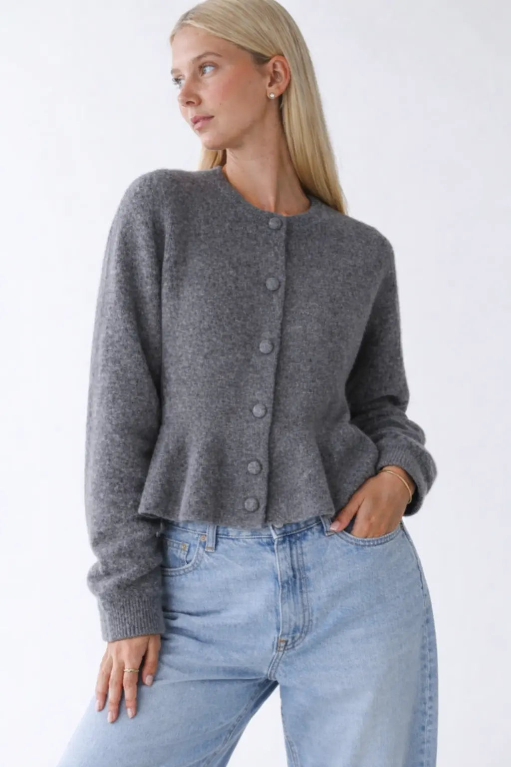 Camille Volant Cardigan shown in a lifestyle setting