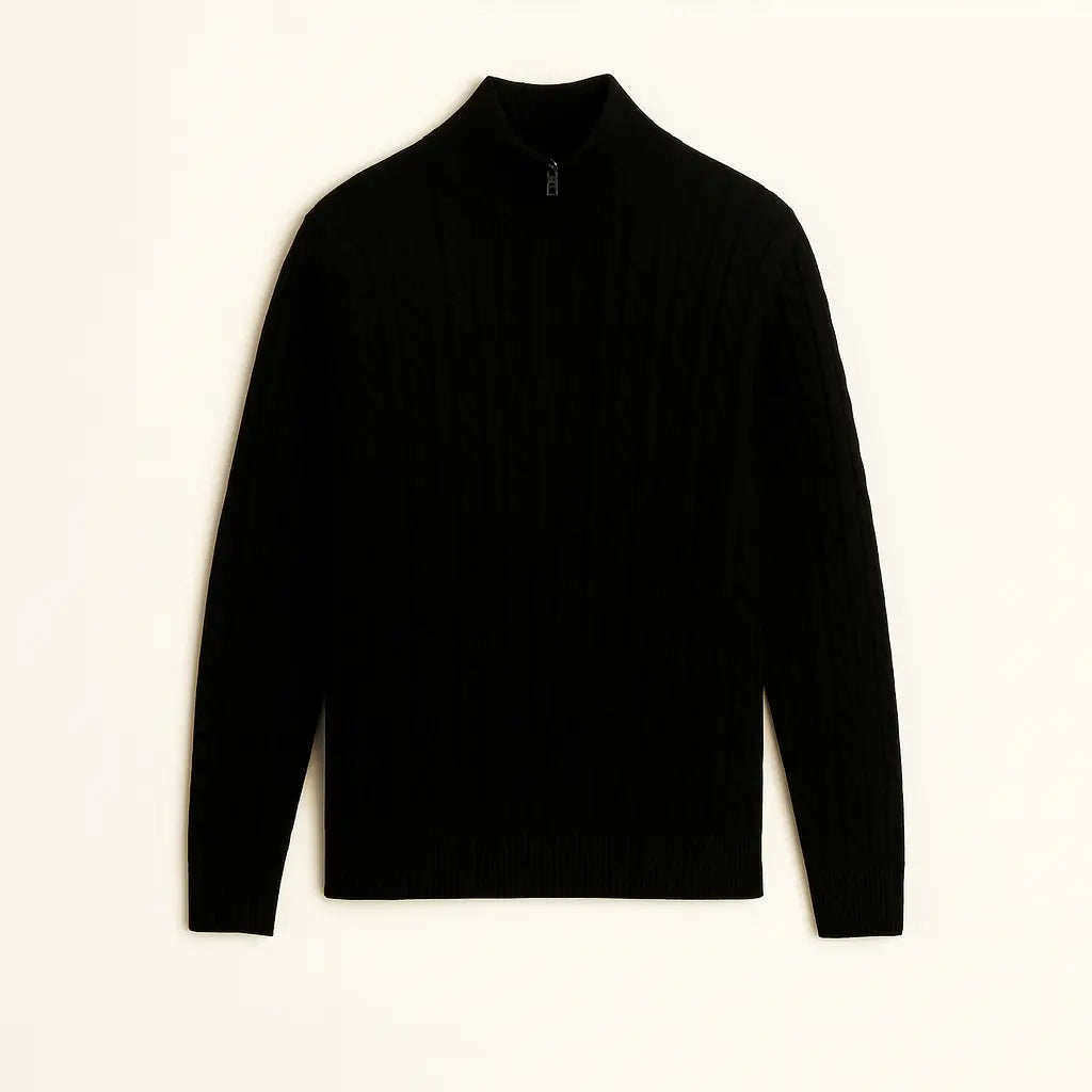 Front view of Black Cashmere Wool Zip Pullover