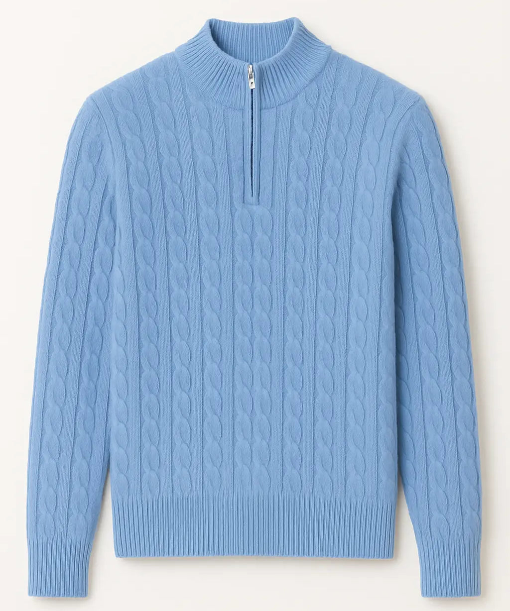 Front view of Sky Blue Cashmere Wool Zip Pullover