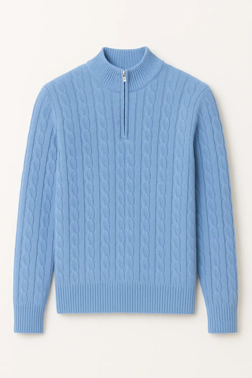 Front view of Sky Blue Cashmere Wool Zip Pullover