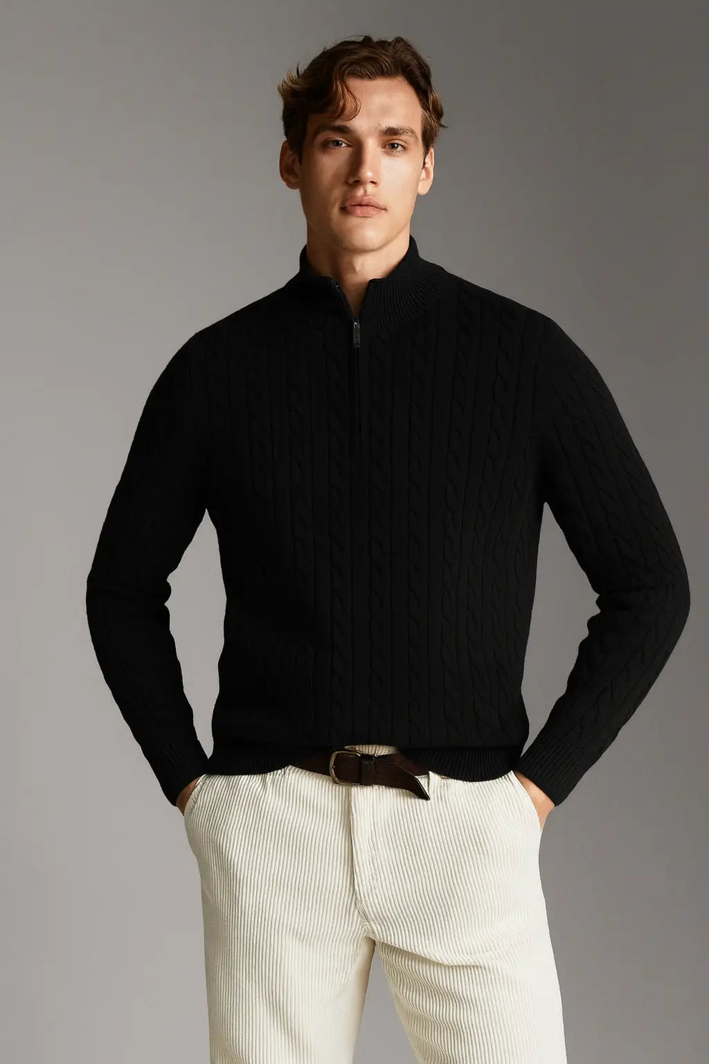 Cashmere Wool Zip Pullover shown in a lifestyle setting, alternate view