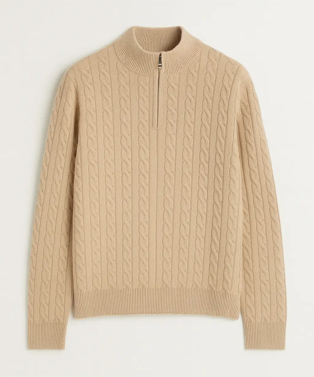 Beige Cashmere Wool Zip Pullover shown in a lifestyle setting