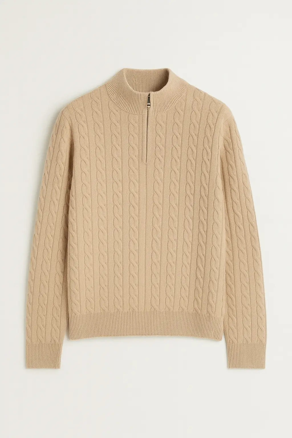 Beige Cashmere Wool Zip Pullover shown in a lifestyle setting