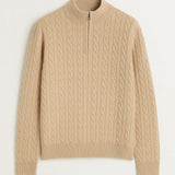 Beige Cashmere Wool Zip Pullover shown in a lifestyle setting