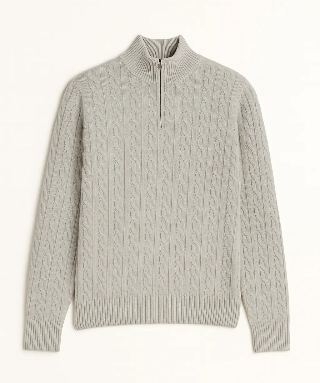 Light Gray Cashmere Wool Zip Pullover shown in a lifestyle setting