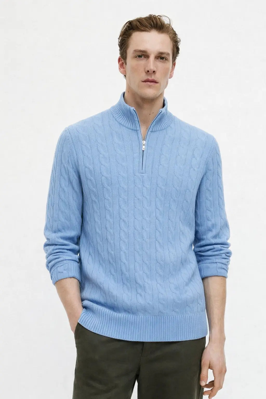 Cashmere Wool Zip Pullover shown in a lifestyle setting