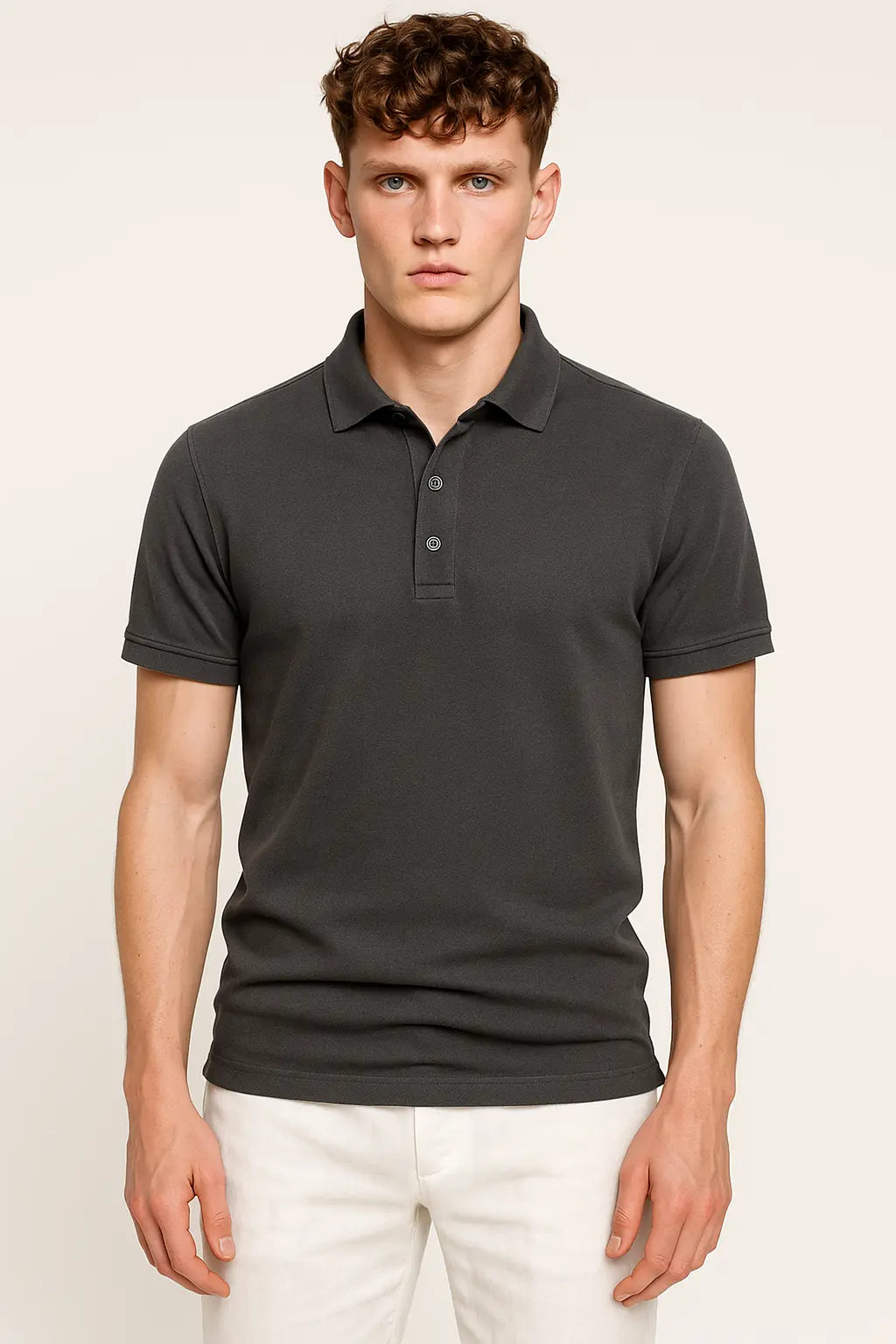 Men’s Casual Polo Shirt shown in a lifestyle setting, full length view