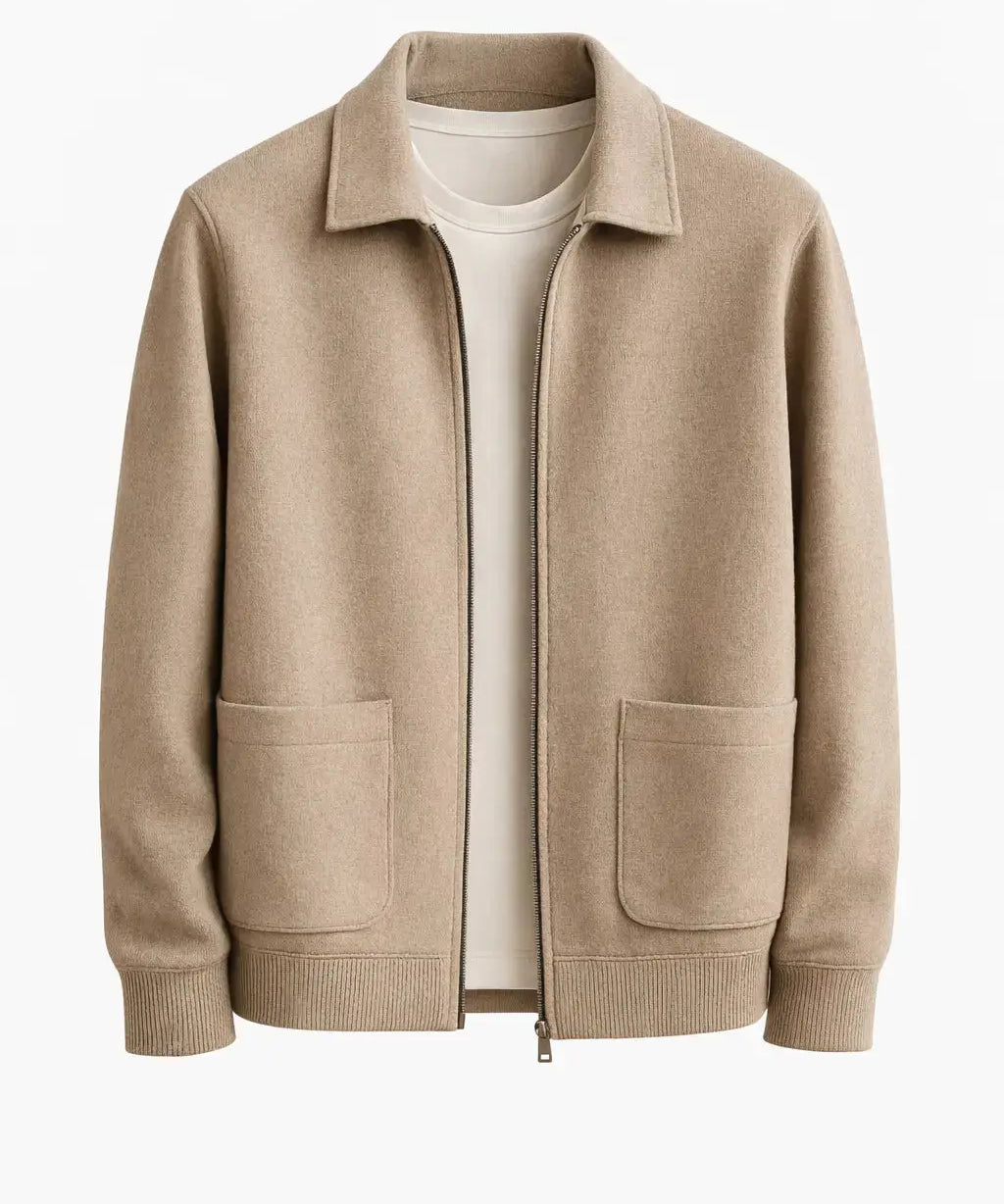 Front view of Beige Cesare Full Zip Sweater