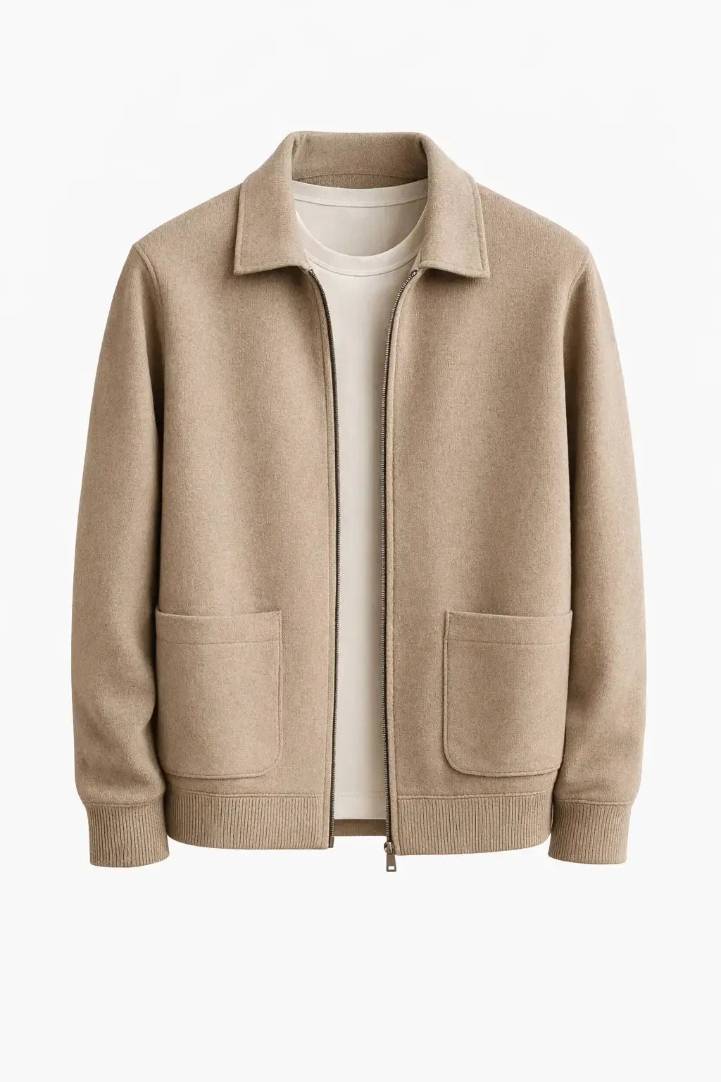 Front view of Beige Cesare Full Zip Sweater