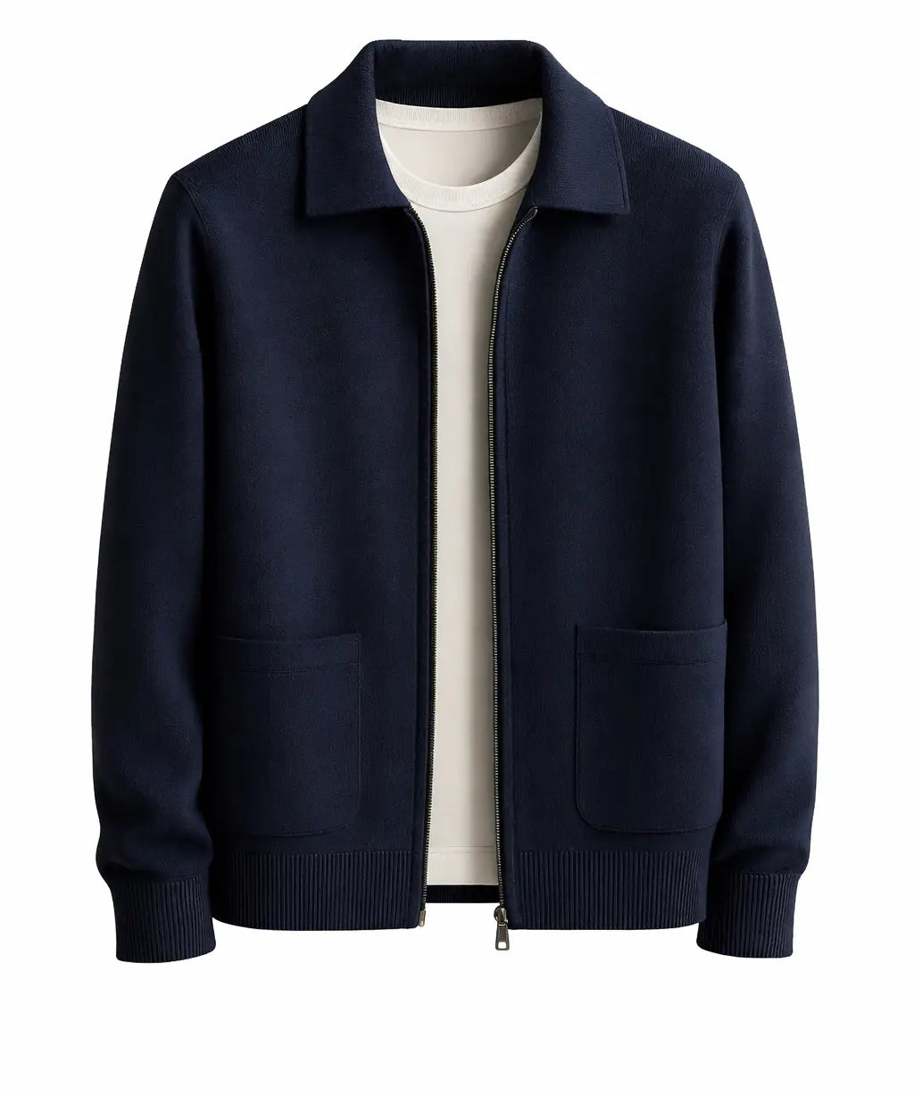 Front view of Dark Blue Cesare Full Zip Sweater