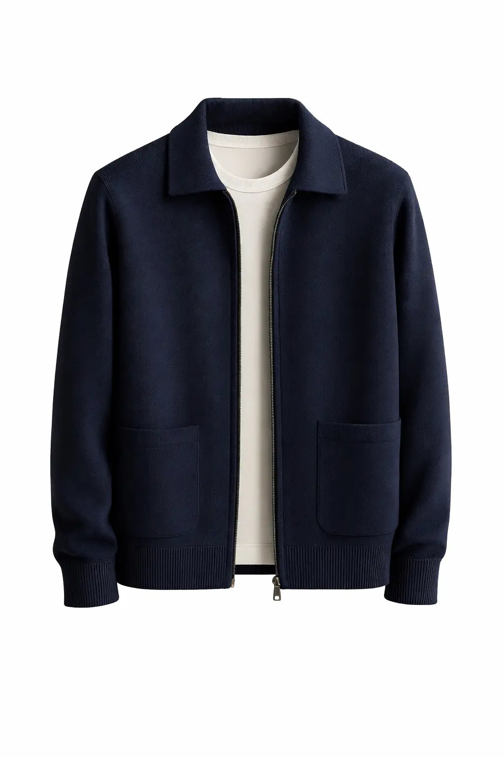 Front view of Dark Blue Cesare Full Zip Sweater