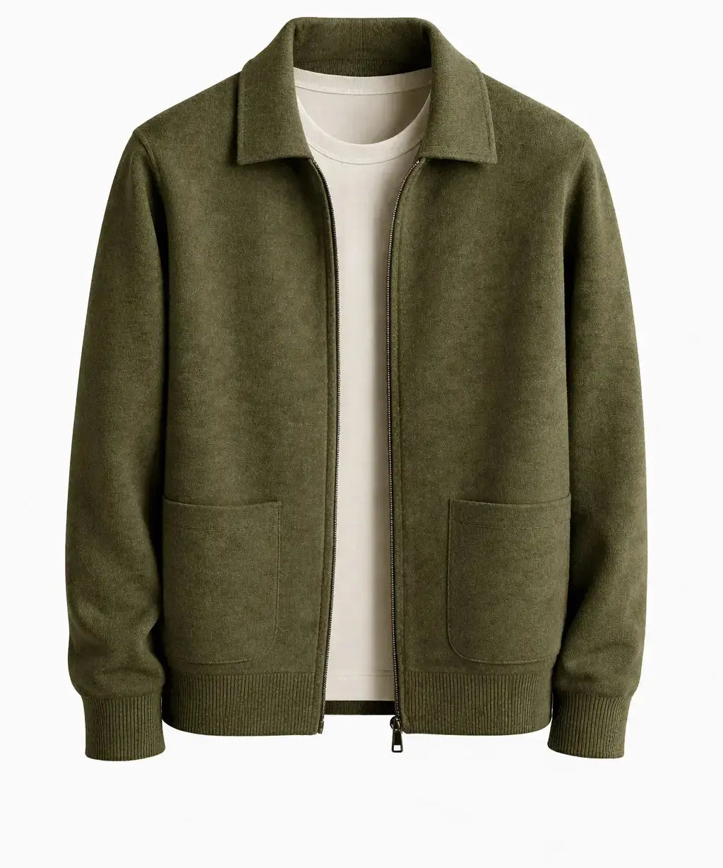 Front view of Olive Green Cesare Full Zip Sweater