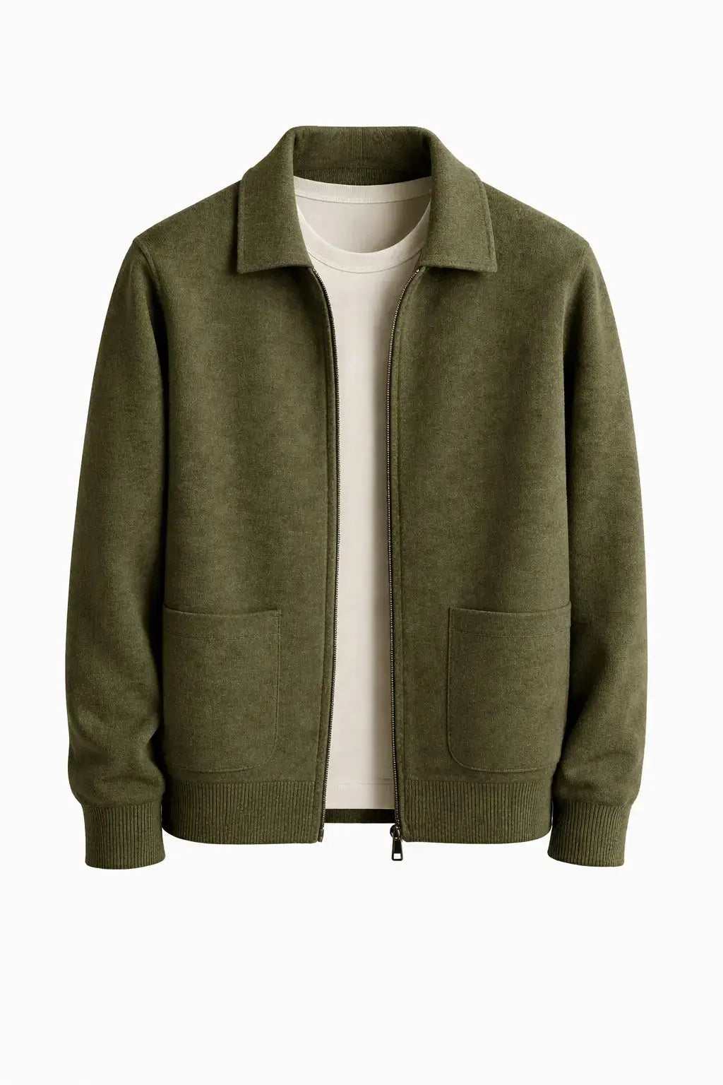 Front view of Olive Green Cesare Full Zip Sweater